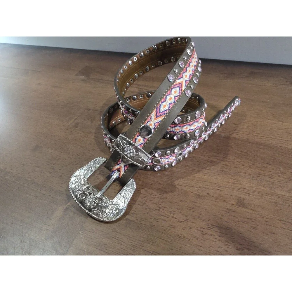 3D Belt Co Angel Ranch Girls Aztec Leather Rhinestone Western Belt XL 30